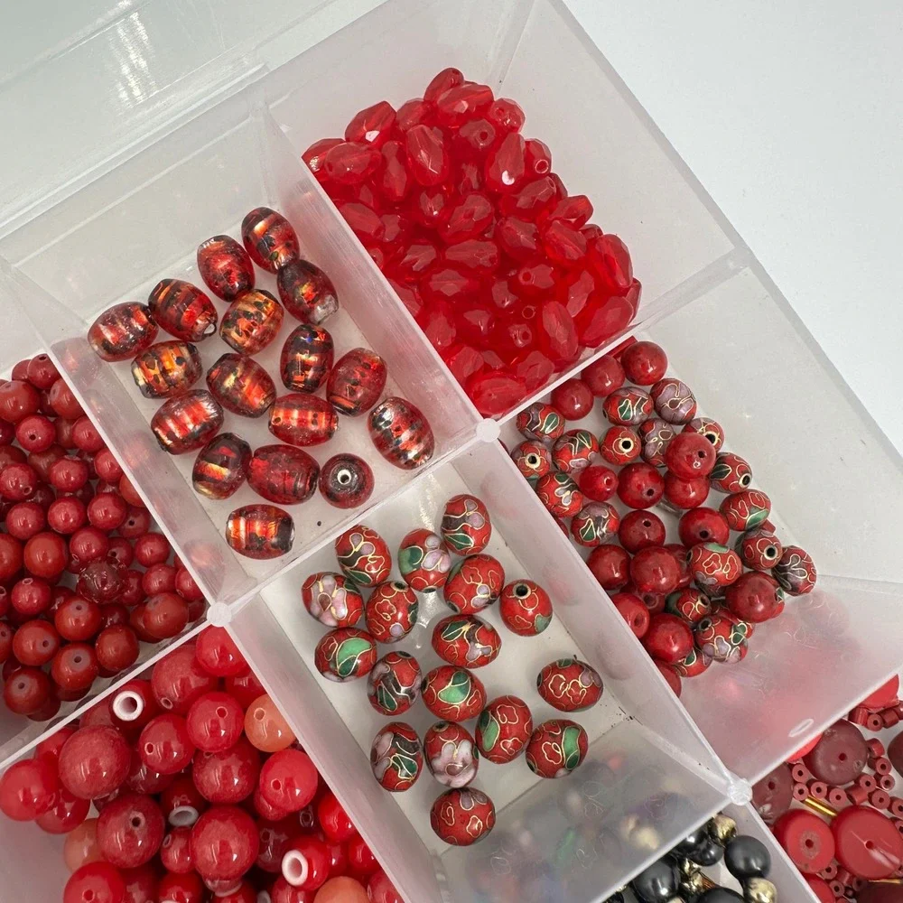 Large Red Glass Bead Lot Jewelry Making Supplies Floral Craft Organizer Case